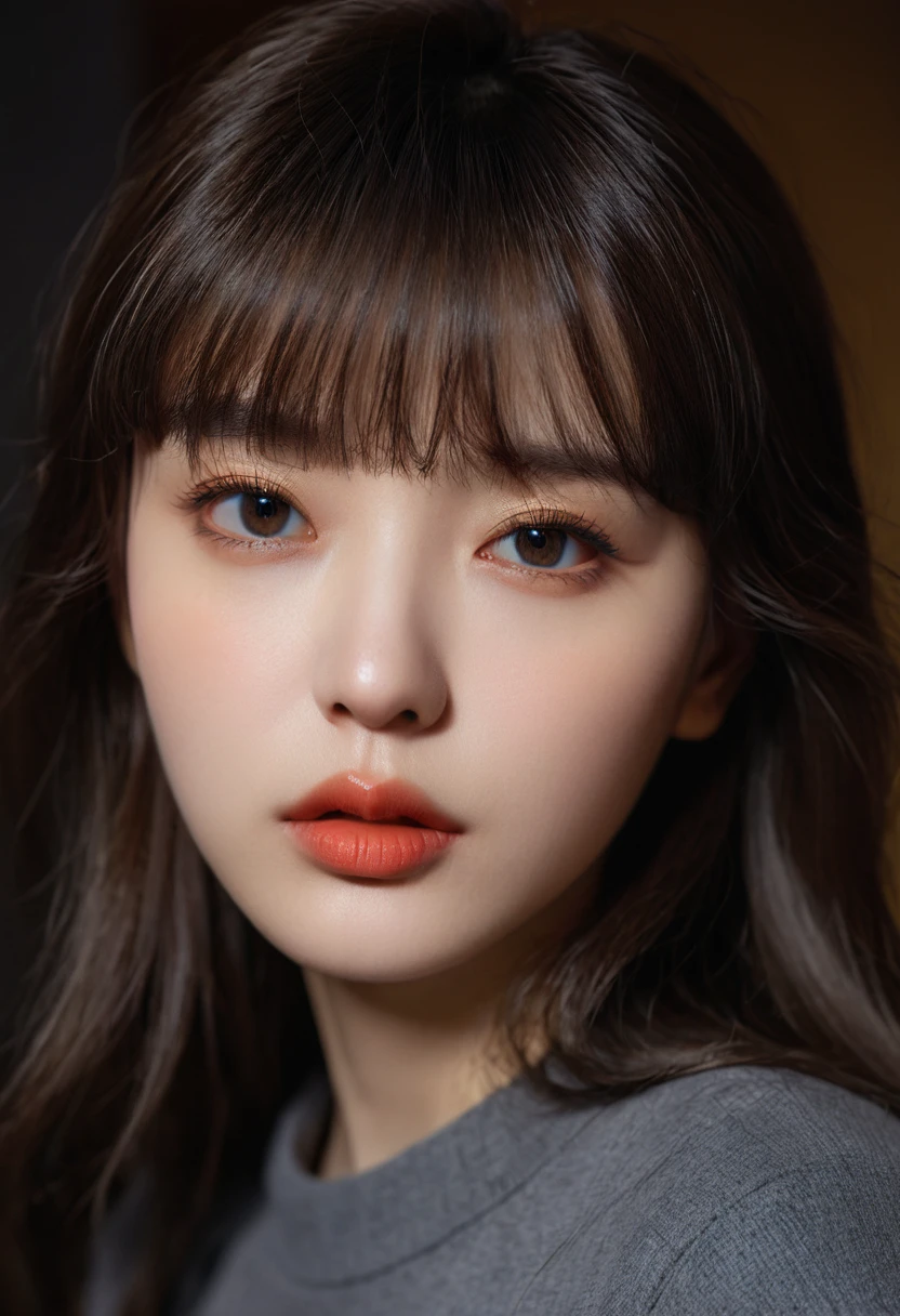 8K, best quality, 1 Girl, (Skin Indentation), night, (dark), Indoor clear background, (people), Beautiful bangs, Gorgeous,, (Clothing and:1.3),Soft lighting, attractive, dark Room, (mouth close:1.2, beautiful eyes, Delicate eyes, Detailed iris, Beautiful lips, Beautiful nose, Pretty Face),(primary color:1.5)