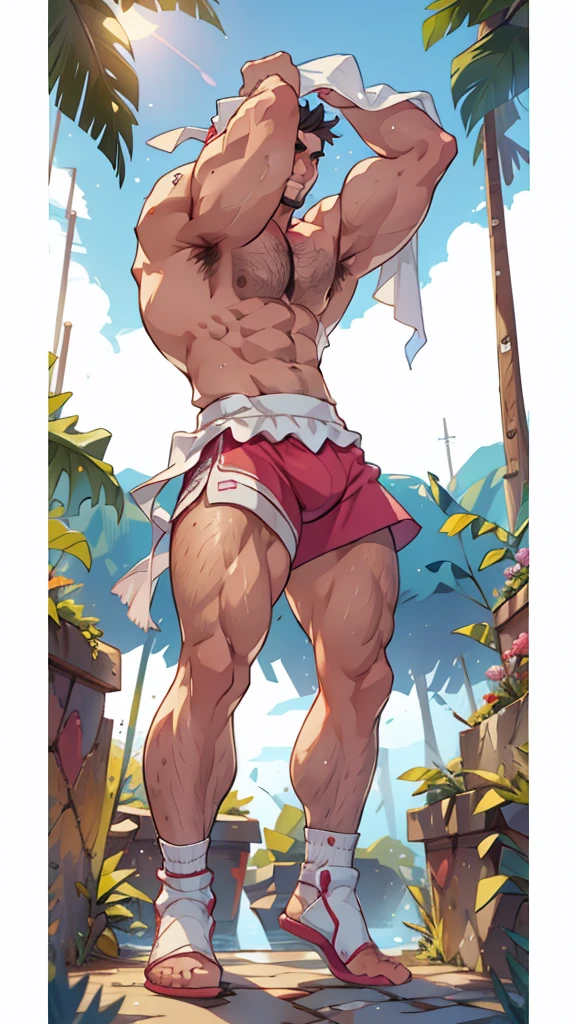 Dissemination,Wearing pink shorts,Pure white background,Eyes look at the audience,Standing,Hands on thighs,Expose shoulders and arms,Ultra-low angle view,Bottom-up perspective,Thick leg hair,Wear white stockings,No shoes,Broad shoulders,Look at it from a low angle ,Very strong, muscular,men, Muscle Man, High-intensity training keeps your body fit, 8 Pack Abs,The character is a burly man,The overall picture highlights his well-developed shoulders and pectoralis major muscles,Clothes show shoulders,Keep your eyes open,Thick body hair,Clean face,Hair on arms,Chest hair,Leg hair