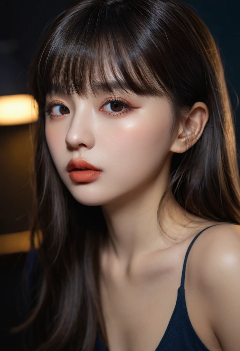 8K, best quality, 1 Girl, (Skin Indentation), night, (dark), Indoor clear background, (people), Beautiful bangs, Gorgeous,, (Clothing and:1.3),Soft lighting, attractive, dark Room, (mouth close:1.2, beautiful eyes, Delicate eyes, Detailed iris, Beautiful lips, Beautiful nose, Pretty Face),(primary color:1.5)