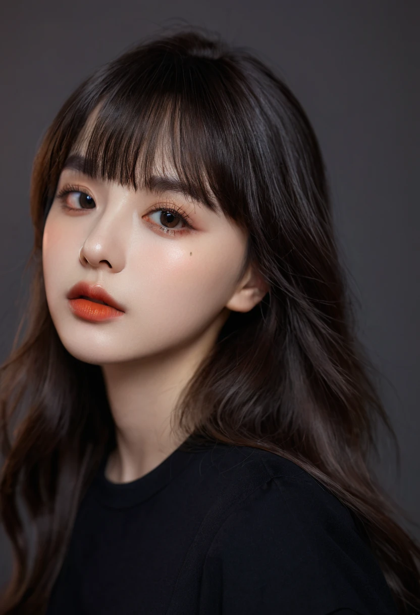8K, best quality, 1 Girl, (Skin Indentation), night, (dark), Indoor clear background, (people), Beautiful bangs, Gorgeous,, (Clothing and:1.3),Soft lighting, attractive, dark Room, (mouth close:1.2, beautiful eyes, Delicate eyes, Detailed iris, Beautiful lips, Beautiful nose, Pretty Face),(primary color:1.5)