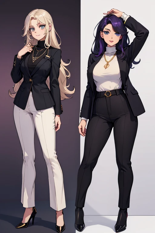 female, pale purple long hair, blue eyes, (((1girl))), (((black blazer))), (white turtleneck shirt), (tan pants), (black heels), (necklace with gold pendant), cute and sexy, full body, big breasts, long legs, smiling