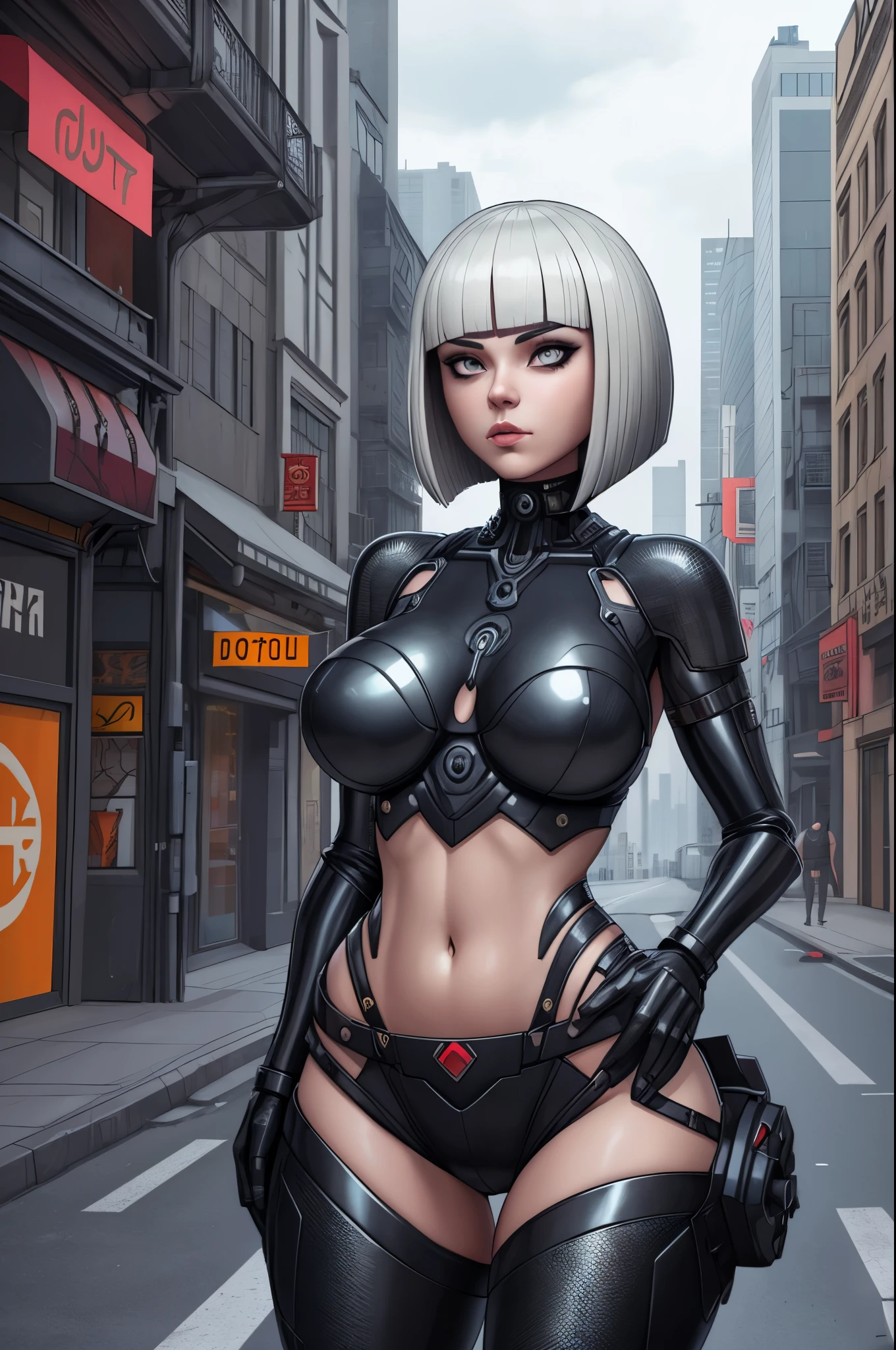 1 beautiful female, heavy metal ,  bobcut, fututristic, city street