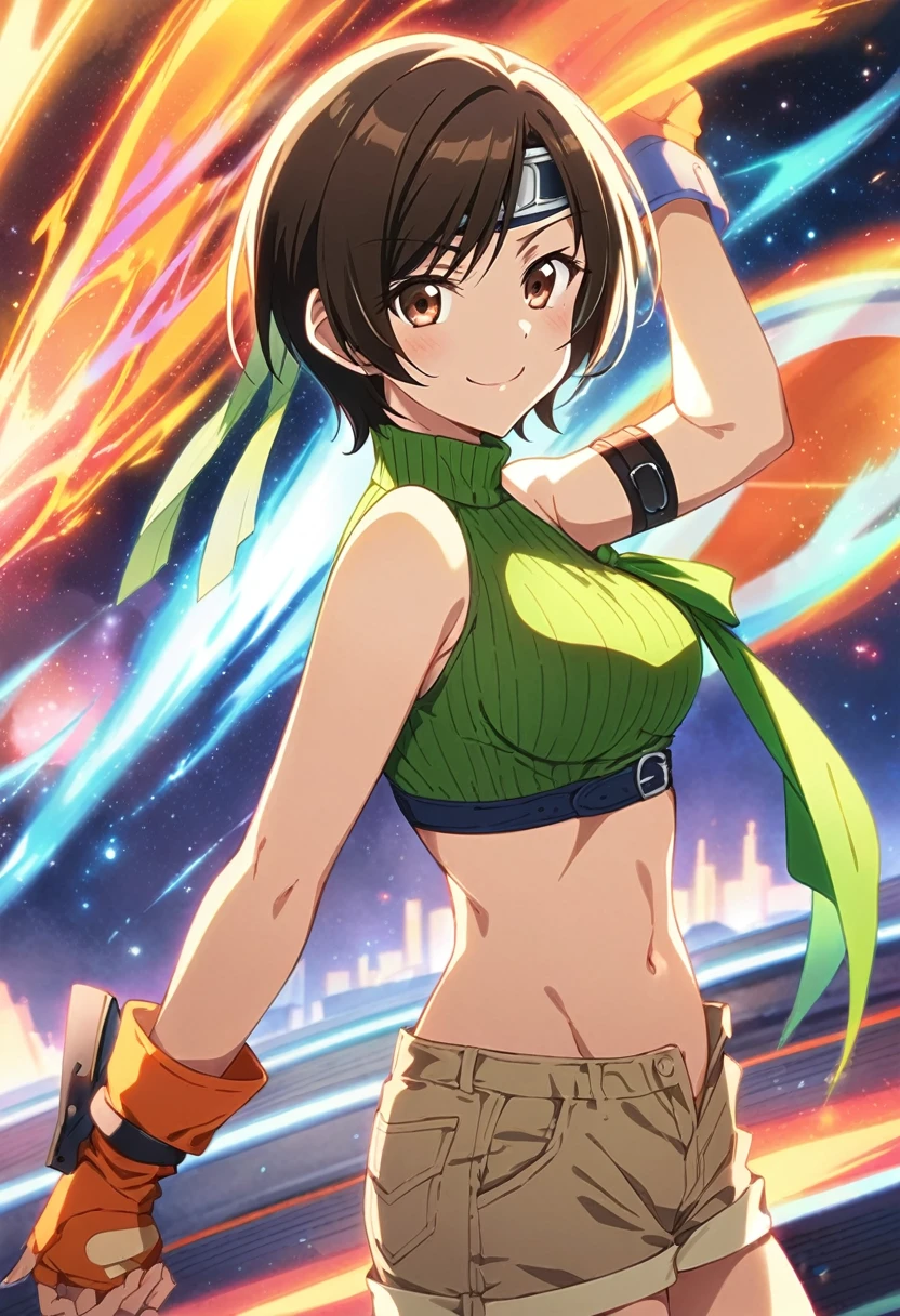 score_9, score_8_up, score_7_up,,BREAK source_anime, from side,side view,,.upperbody:1.3,,looking_at_viewer,1girl, yuffie kisaragi, final fantasy, short hair,headband,navel,sleeveless,turtleneck,brown eyes,sleeveless turtleneck,solo,breasts,looking at viewer,smile,gloves,crop top,brown hair,shorts,midriff,,sweater,open fly,fingerless gloves,ribbed sweater,medium breasts,,smile,smug,(best quality),(aesthetic,very aesthetic),masterpiece,(high-resolution), (),(superior contrast.ultra sharp).self lifting,