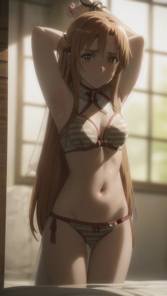 1girl, solo, tied up, asuna yuuki from sao, asuna yuuki, looking at viewer with disgust and annoyance, ultra-detailed, masterpiece, physically-based rendering, beautiful detailed eyes, beautiful detailed lips, extremely detailed facial features, longeyelashes, intricate details, bound wrists, wearing only bra and underwear, solo female, highly detailed, sharp focus