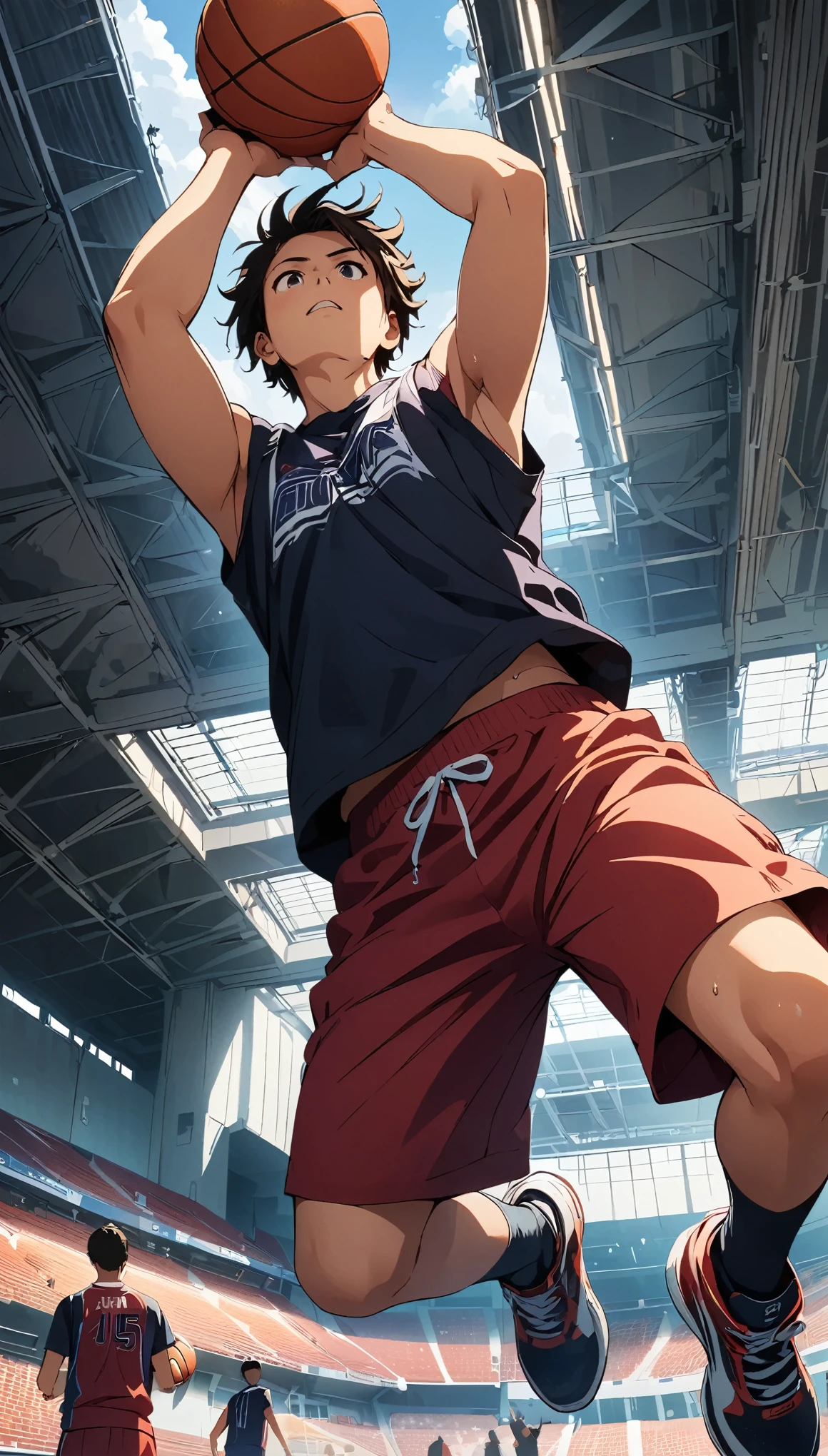 (A boy playing an intense game on a basketball court。In the midst of all this, I jumped high, cutting through the air.、A clear shot of a young boy making a dynamic dunk shot), A scene on the basketball court where boys are wiping sweat and taking a breather, A dynamic young boy soaring through the air under the goal, The moment of the dunk shot, where you can feel the seriousness and powerful movement, A dynamic dunk shot pose:1.2, Grab the ball with both hands and jump, Composition from below, Dynamic Angle, Natural light, ((Anime illustration)), (Highest quality:1.2, Very detailed, Ultra-high resolution, High Detail, masterpiece:1.2, Best aesthetics).