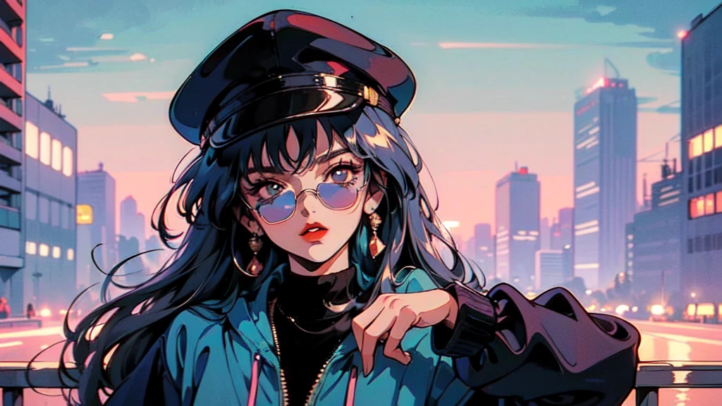 (80's, Retro, City Pop:1.5), (masterpiece, Highest quality, Exquisite detail), (anime, figure), (pastel colour:1.3),girl, alone, cool, Wearing sunglasses, Cityscape, City of night, Street fashion, Wearing a hoodie, Wearing a black cap