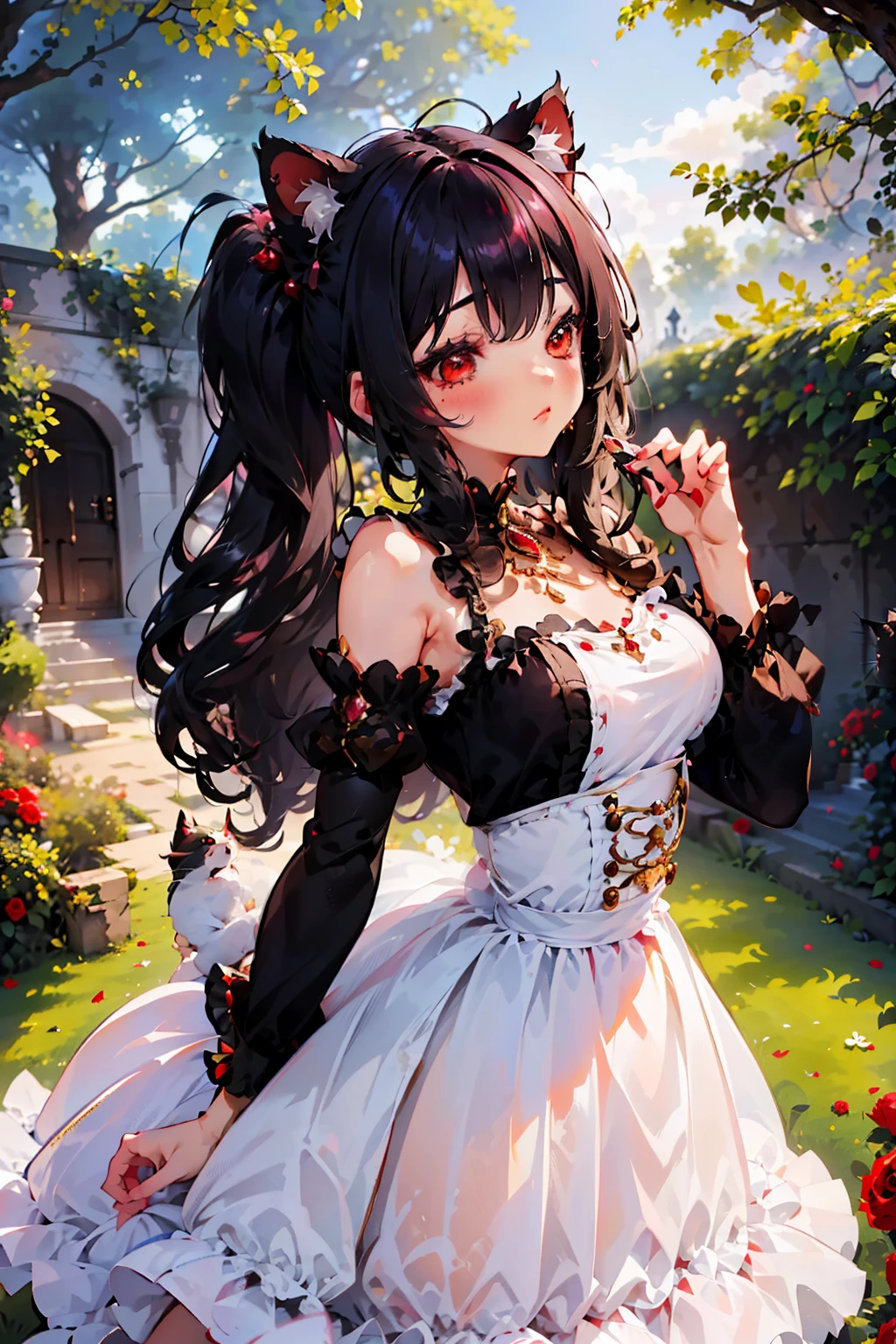 (junkotvv cabello negro con orejas de gato y ojos rojos), The most beautiful rose bush imaginable and an incredibly elegant young woman, magnificently coiffed, spectacularly made up and wearing a dazzlingly fabulous dress. In a dreamlike garden on a magical evening. (obra maestra) (mejor calidad)