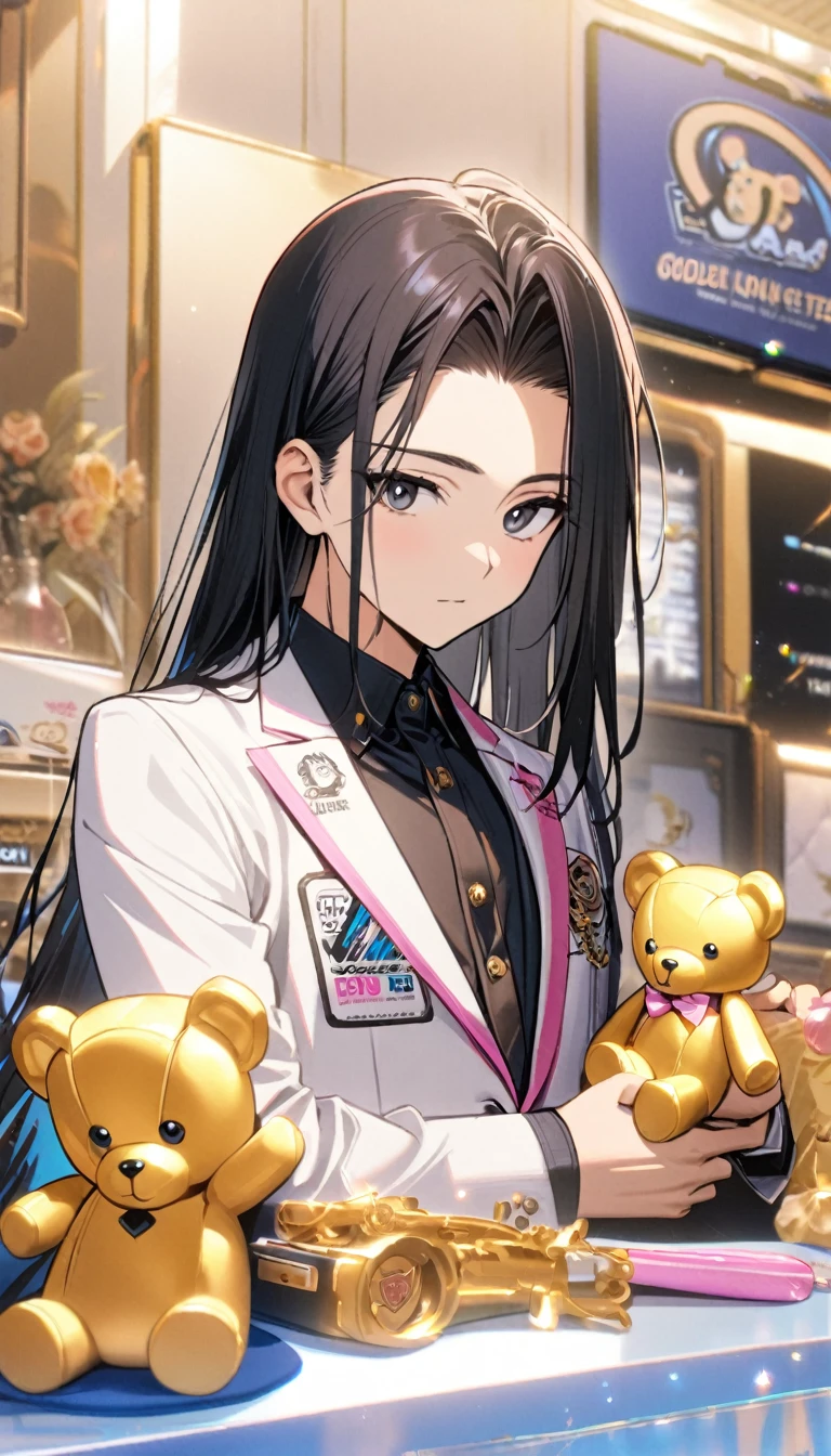 1boy , one side blue one side black eyes ,black and pink long straight hair,,white blazer with logo,one black teddy bear, one golden teddy bear 