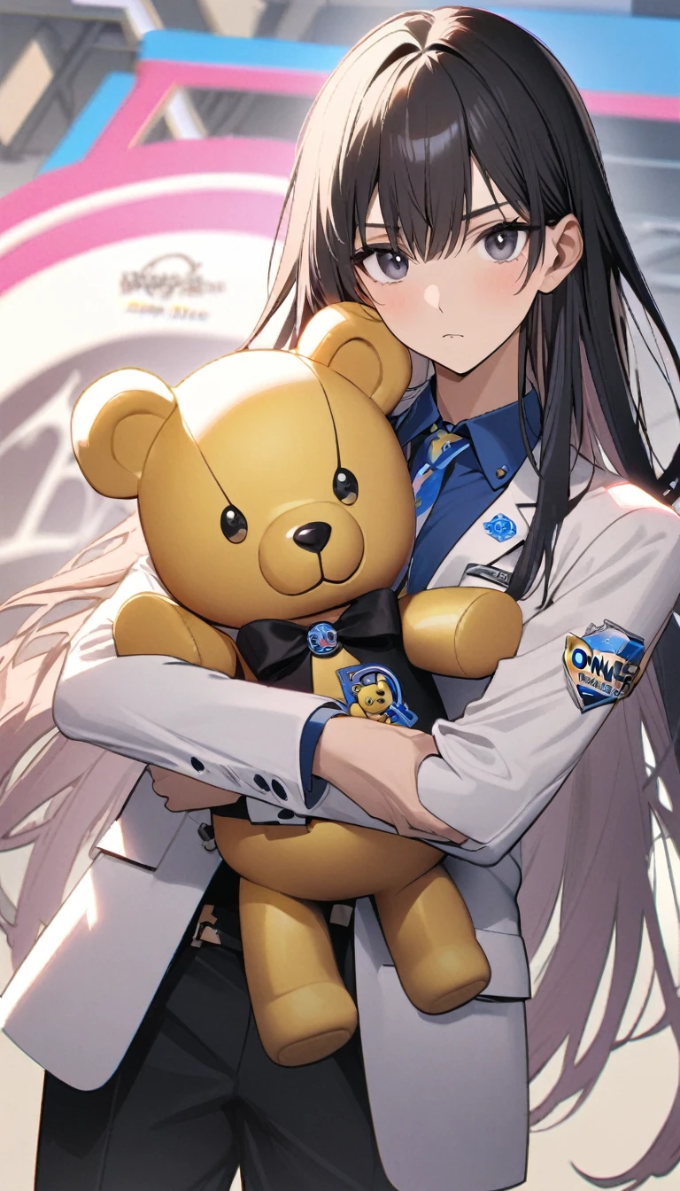 1boy , one side blue one side black eyes ,black and pink long straight hair,,white blazer with logo,one black teddy bear, one golden teddy bear