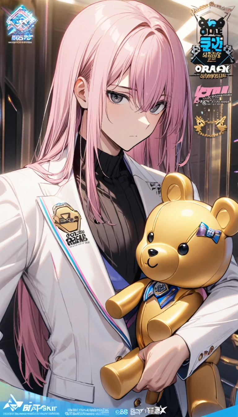 1boy , one side blue one side black eyes ,black and pink long straight hair,,white blazer with logo,one black teddy bear, one golden teddy bear