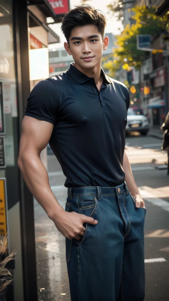 Natural light, realistic, Thai man, ทรงผมสั้น buzz cut, Handsome, muscular, big muscles, Broad shoulders, model,  Wear a tight polo shirt. dark blue jeans standing smiling , outdoor outside