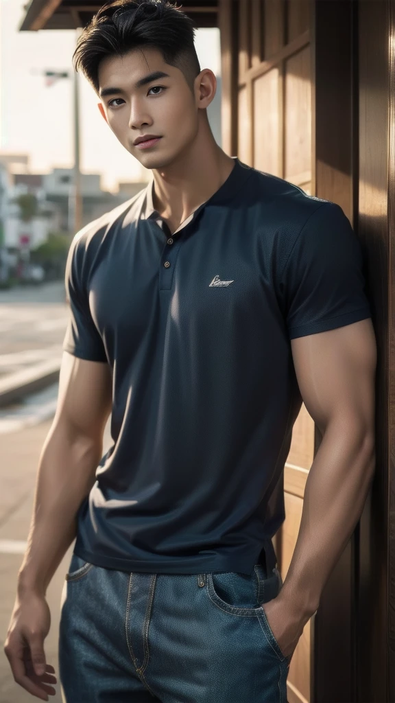 Natural light, realistic, Thai man, ทรงผมสั้น buzz cut, Handsome, muscular, big muscles, Broad shoulders, model, Wear a tight polo shirt. dark blue jeans standing smiling , outdoor outside