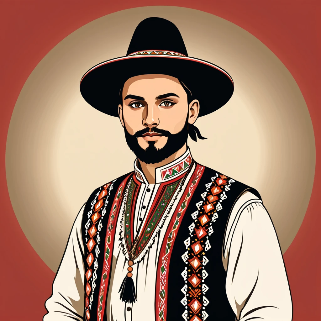 man in folk outfit from an unknown hungarian ethnic group, vector graphics, strong contours
