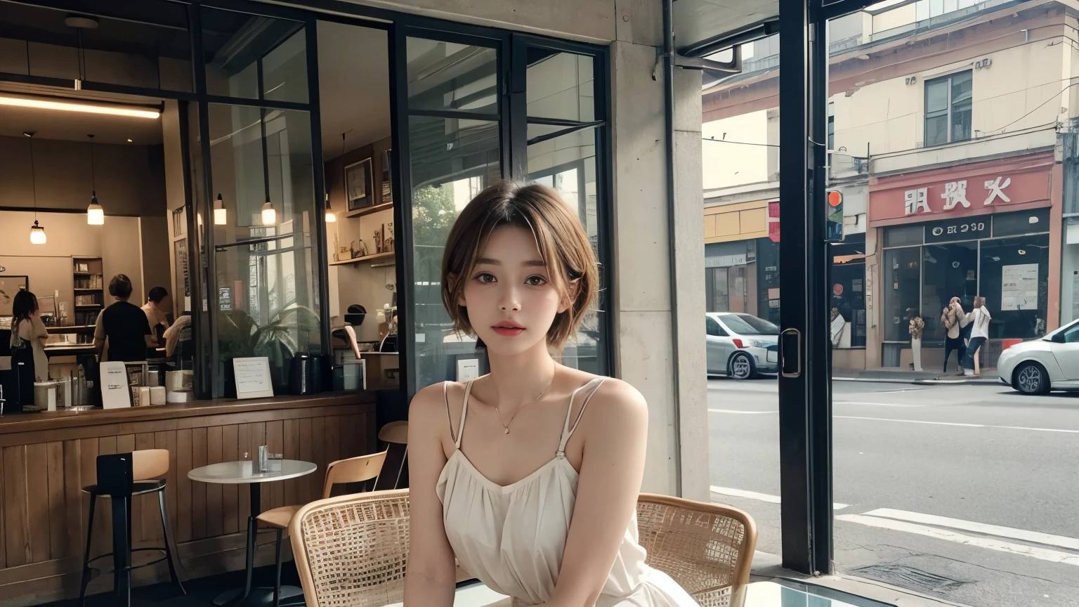 super high quality, Fashion Model, Slenderのネックレス, Slender, The staff is working at the counter in the back., (8k、RAW Photos、Highest quality、masterpiece:1.2), Stylish café, Fashion magazine photoshoot, (Realistic、Photorealistic:1.37), Beautiful Face , Mesh Hair, Urban Cafe, Golden Ratio, Raw photo, Small breasts, Bright cafe interior, Blurred Background, Famous actress, Summer clothes, Beauty, Cafe Terrace, Open Cafe, Photographed inside the cafe, 20-year-old, Hair blowing in the wind, Neat clothes, Very Short Hair, Cool older sister, Stylish clothes,