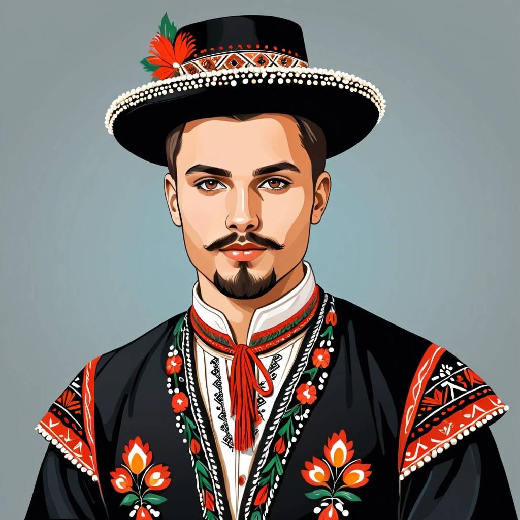 man in folk outfit from an unknown hungarian ethnic group, vector graphics, strong contours