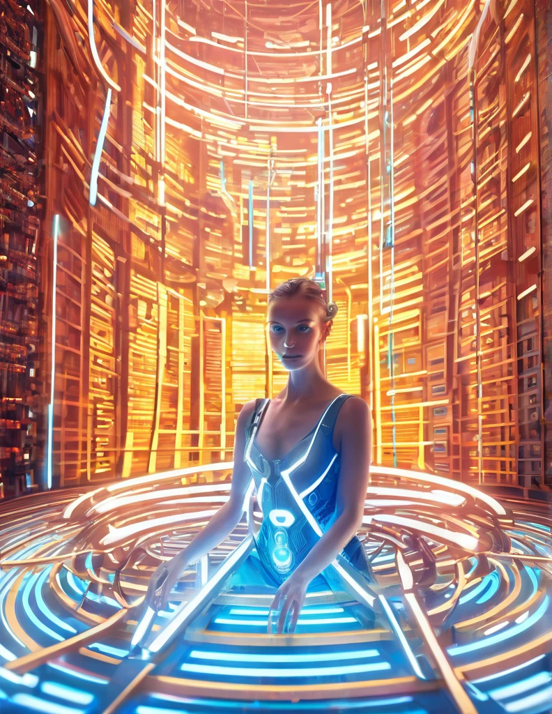 Surrounded by a digital symphony, the girl stands as the nucleus of a technological cosmos. Wires extend like lifelines, connecting the intricate circuitry of computers to various parts of her body, creating a symbiotic dance of human and machine. An aura of data pulses around her, casting an otherworldly glow. The hum of processors and the glow of screens reflect in her eyes, conveying a fusion of human ingenuity and artificial intelligence. She is the epicenter of a cybernetic ballet, seamlessly integrated with the digital expanse that surrounds her. In this techno-environment, she embodies the convergence of flesh and silicon, a living conduit of the digital future.