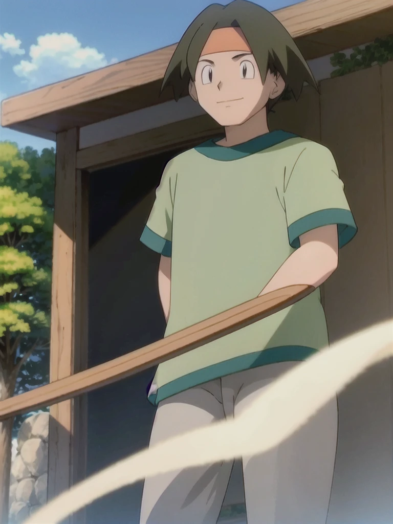 Tracey, solo, smile, shirt, 1boy, closed mouth, upper body, male focus, outdoors, sky, cloud, black eyes, green shirt, anime coloring