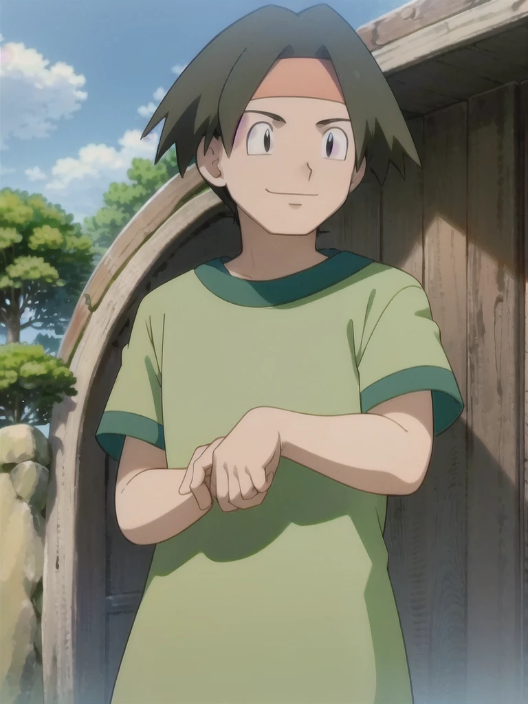 Tracey, solo, smile, shirt, 1boy, closed mouth, upper body, male focus, outdoors, sky, cloud, black eyes, green shirt, anime coloring