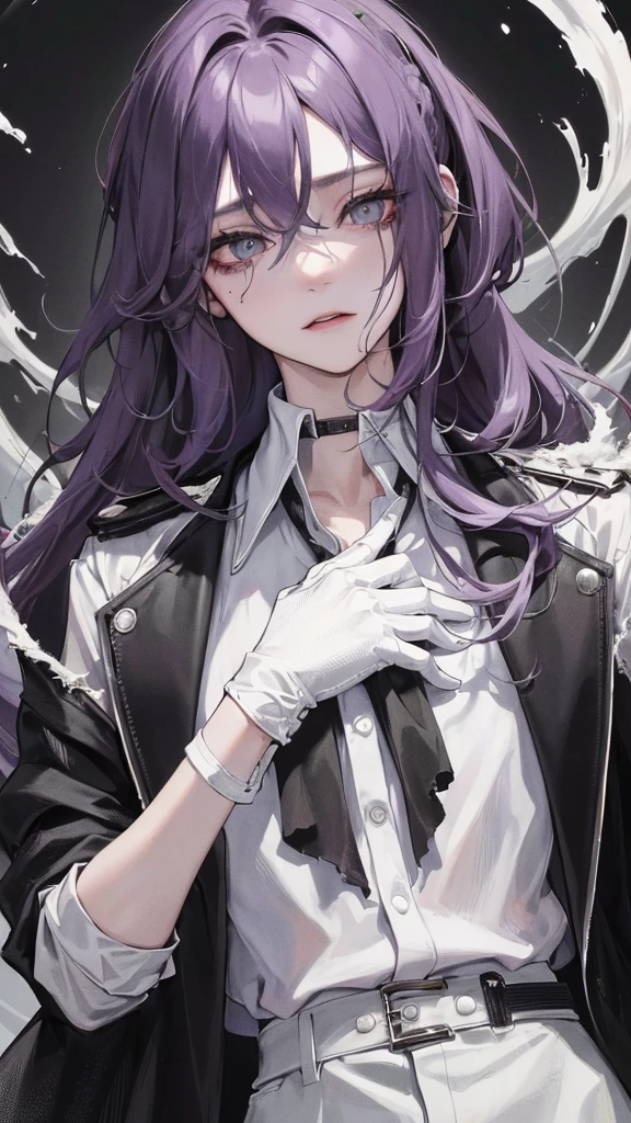 (Top resolution、Distinct_image)top-quality、A girl、​masterpiece、highly detailed, half body, Semi-realistic、grey eyes 、18year old、dark purple hair,young 、Exquisite facial features、Facial features ,variation potrait, injured, long  hairstyles, zl apocalypse, teenage, cool , cold sharp eyes, An expression of despair., Torn clothes, destroyed clothes, damaged clothing, all dirty, dirty, dirt, lifeless eyes, blood on face and clothes, , {Very detailed 8k CG unit wallpaper}, Handsome, solo, female, mafia, black shirt, white pant, black gloves, white coat,