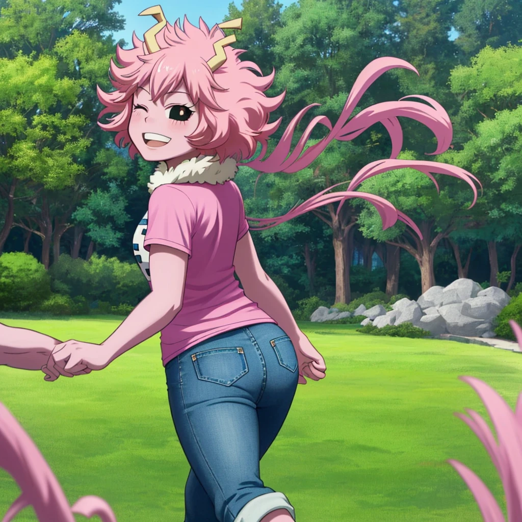 [mina ashido], [Boku no hero academia], ((masterpiece)), ((solo portrait)), ((back view)), ((cute)), ((High definition)), ((anime)), ((Kohei Horikoshi)), ((beautiful render art)), ((detailed shading)), ((cel shading)), ((intricate details)), {mina ashido; (pink skin), (curly yellow horns), long eyelashes, eyes closed, curly pink hair, short eyelashes, large , (beautiful slightly muscular legs), (excited smile), (white teeth), (blushing)}, {(hot-pink tee shirt), (fluffy collar), (tight  blue jeans)}, {(running), (looking back)}, [Background; (park), (grass), (trees), (pond), (blue sky), (s