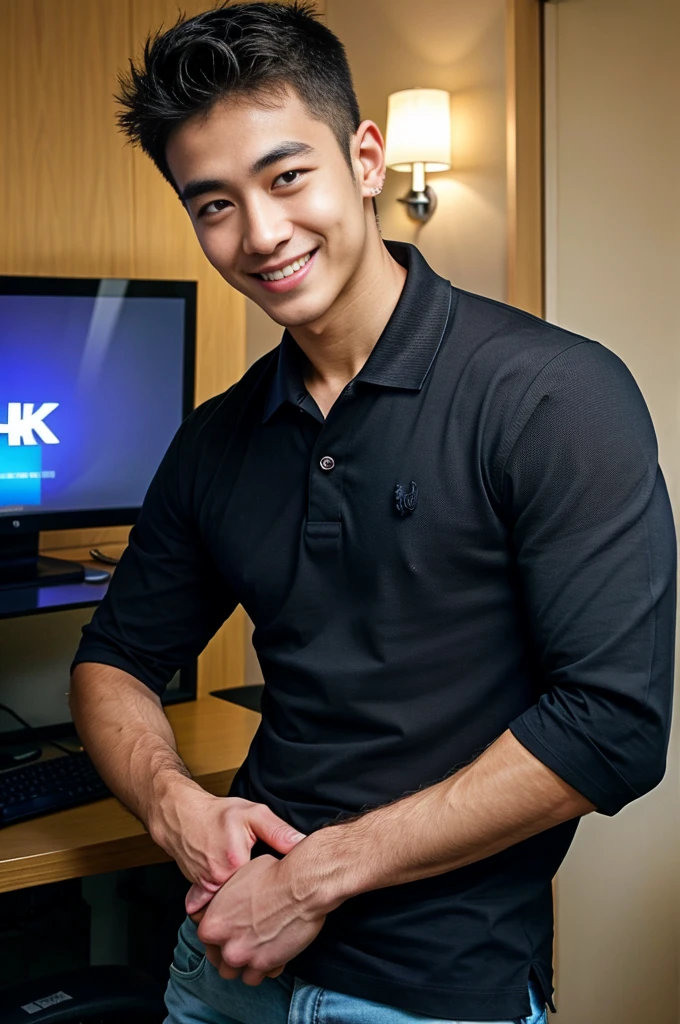 (best quality, 4K, 8k, high resolution, Masterpiece: 1.2), Special details, (realistically, As realistic as a photo, photo realistic: 1.37), Edge lighting, Extra detailed coloring, sharp focus, Physical rendering ,Extremely detailed description,professional,light color,Bokeh,Portrait,look at the viewer,
Young Asian man, 20 years old ,(Wearing a black polo shirt.), smile ,Computer room