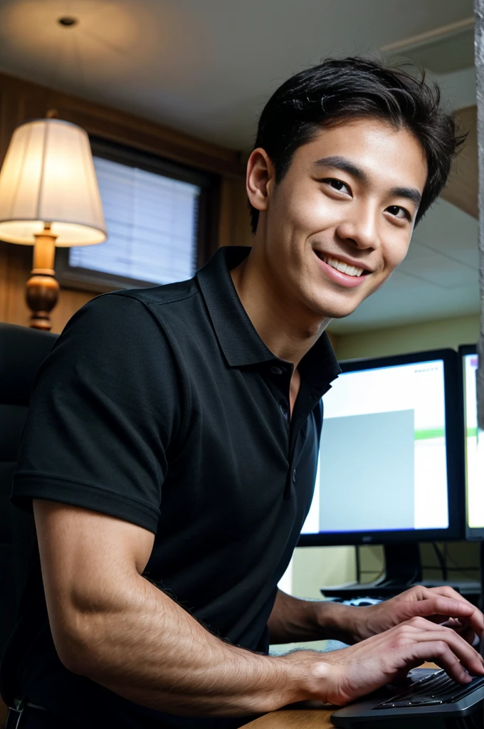 (best quality, 4K, 8k, high resolution, Masterpiece: 1.2), Special details, (realistically, As realistic as a photo, photo realistic: 1.37), Edge lighting, Extra detailed coloring, sharp focus, Physical rendering ,Extremely detailed description,professional,light color,Bokeh,Portrait,look at the viewer,
Young Asian man, 20 years old ,(Wearing a black polo shirt.), smile ,Computer room