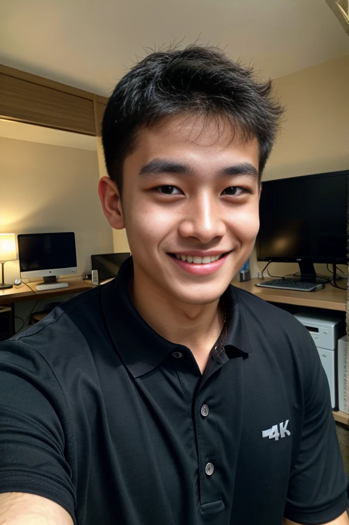 (best quality, 4K, 8k, high resolution, Masterpiece: 1.2), Special details, (realistically, As realistic as a photo, photo realistic: 1.37), Edge lighting, Extra detailed coloring, sharp focus, Physical rendering ,Extremely detailed description,professional,light color,Bokeh,Portrait,look at the viewer,
Young Asian man, 20 years old ,(Wearing a black polo shirt.), smile ,Computer room