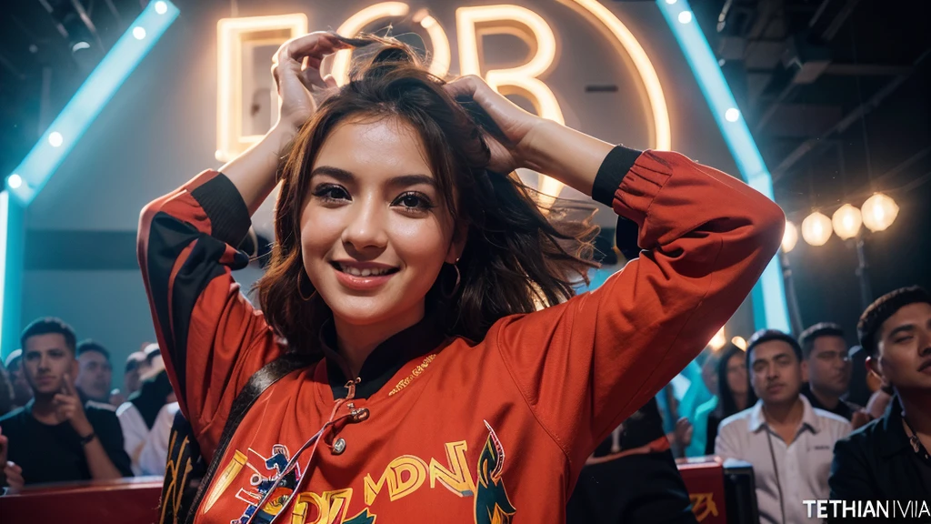 The thumbnail image is a young girl in her 30s, Elegant face, Bright smile, face as if feeling the music. Background font "Turkish pop" at the top is highlighted in bold, stylized text nhỏ hơn "2024", stylized text "Turkish Remix" at the bottom. The vibrant color combination of the pop music genre creates a vivid and attractive picture. Honest images, clear details, Highlight the girl&#39;s beauty and emotions.