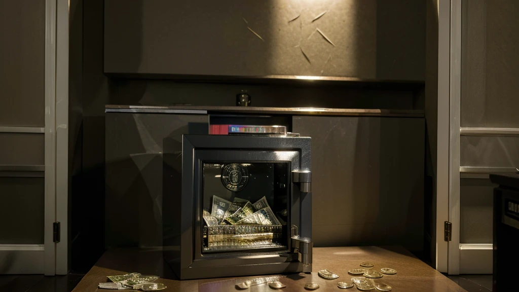 A highly detailed, hyperrealistic portrait of an ((safe)) with money popping out of it, accompanied by stacks of money on the side, 4k quality, photorealistic, extremely detailed, vivid colors, dramatic lighting, realistic textures, professional quality