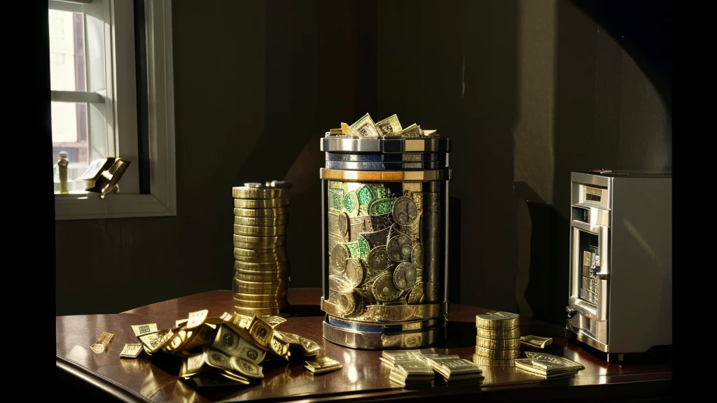 A highly detailed, hyperrealistic portrait of an ((safe)) with money popping out of it, accompanied by stacks of money on the side, 4k quality, photorealistic, extremely detailed, vivid colors, dramatic lighting, realistic textures, professional quality