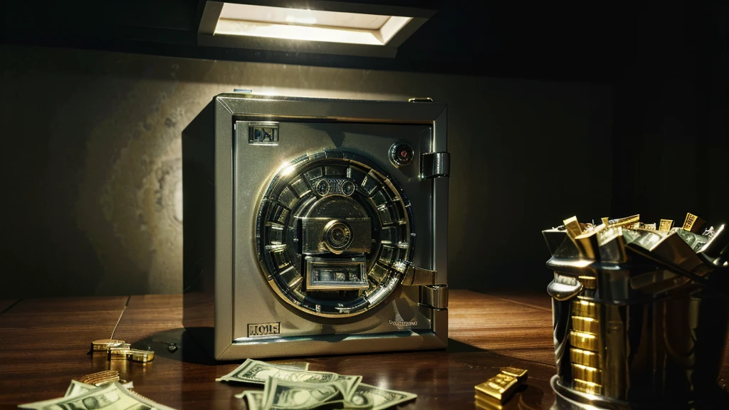A highly detailed, hyperrealistic portrait of an ((safe)) with money popping out of it, accompanied by stacks of money on the side, 4k quality, photorealistic, extremely detailed, vivid colors, dramatic lighting, realistic textures, professional quality