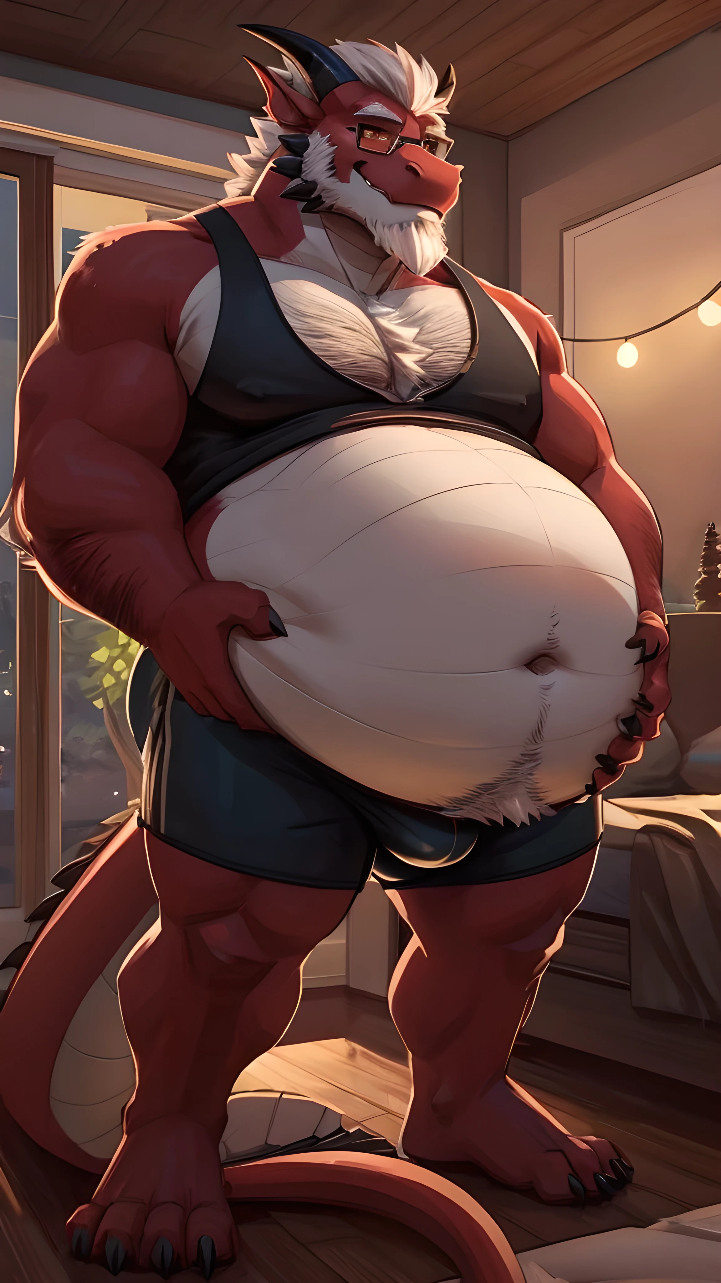 Anthro dragon with red fur and a beige underbelly, white mane, very big and thick white beard, old, chest hair, orange eyes, black horns and claws, large, not muscular, overweight, chubby, fat, navel, big belly, belly, giant belly, bloated belly, bulging belly, vore, gurgling belly, digesting, green gurgle lines around belly. Lazy, dad, daddy, dilf, bara, adult, aroused. Standing up, holding belly, smirking, looking down at POV. Wearing white tank top, black underwear with bulge, glasses, dragon tail. Night time, midnight, cozy lights, apartment, lofi. Upward composition.