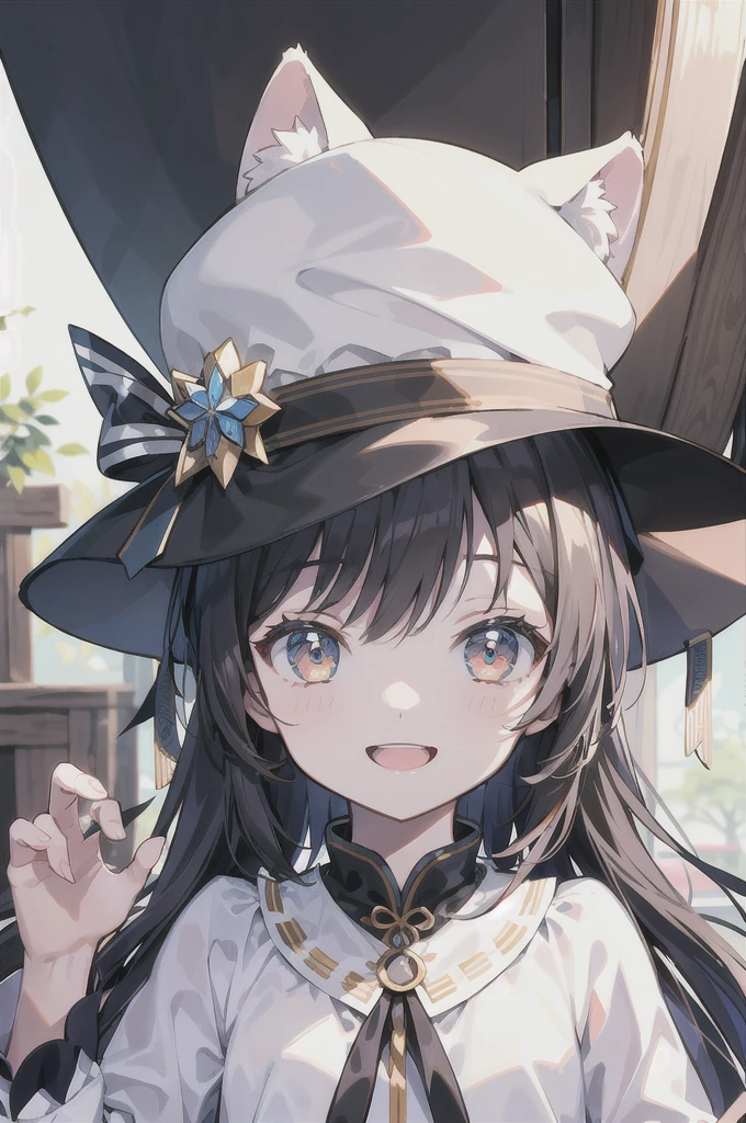 best quality, masterpiece, 独奏, 1girl, mimav1, hat, smile,, I'm holding onto you here、Embarrassed
