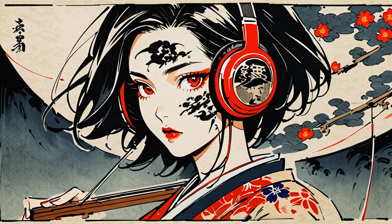 Ink Painting, (((1 person))), (((Tattoo on face))), (((Japanese String Instruments))), Japanese style headphones, Beautiful girl possessed by a demon, Black Hair, Red eyes, Delicate and precise, Modern ukiyo-e style