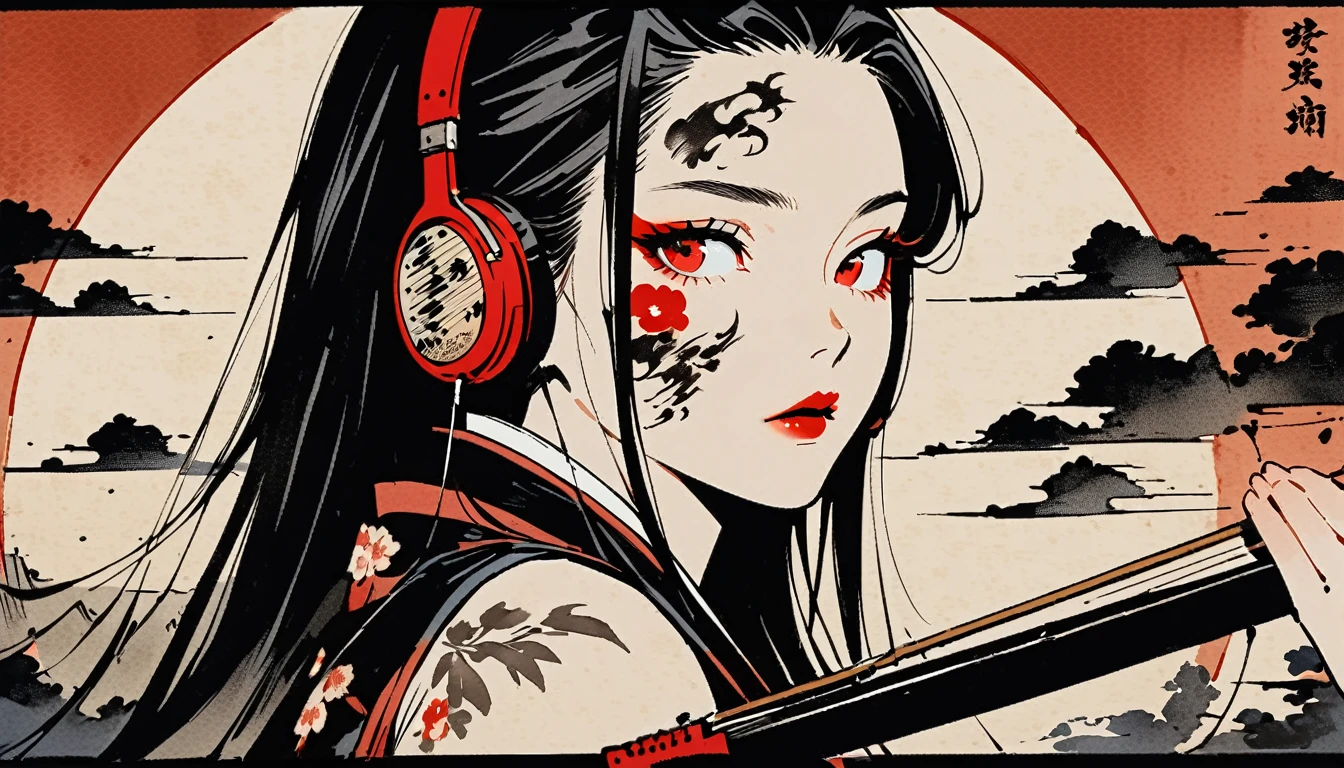 Ink Painting, (((1 person))), (((Tattoo on face))), (((Japanese String Instruments))), Japanese style headphones, Beautiful girl possessed by a demon, Black Hair, Red eyes, Delicate and precise, Modern ukiyo-e style