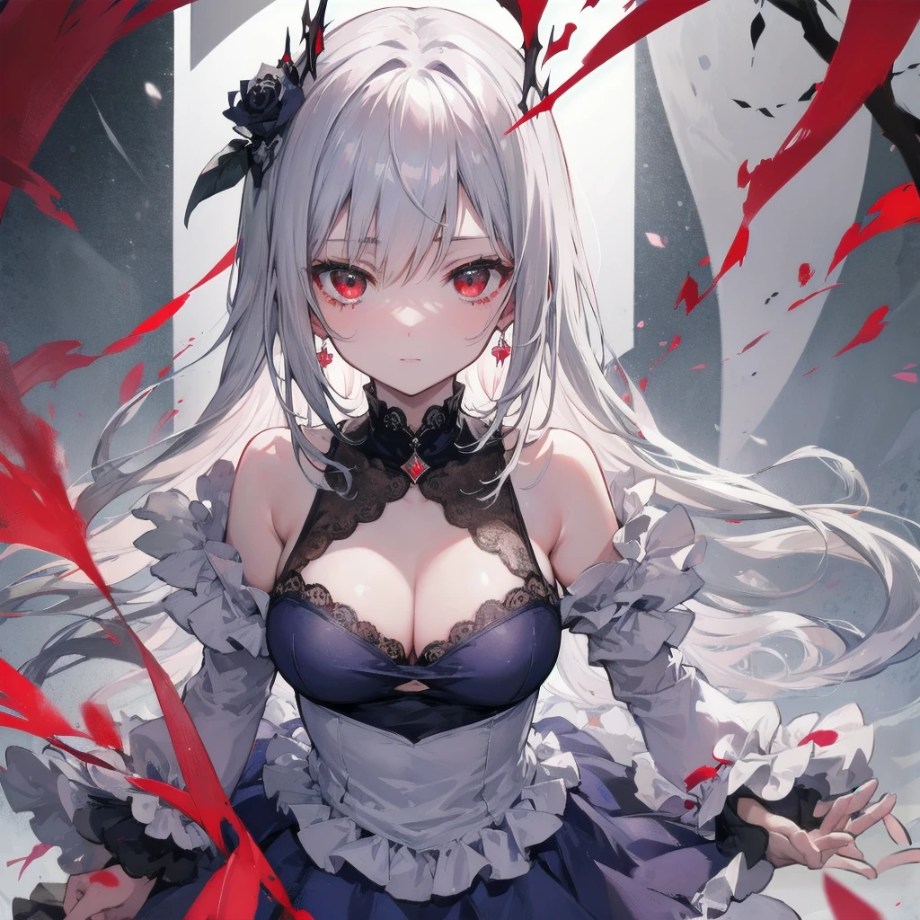 A once-in-a-millennium masterpiece, A photo that can never be taken again, Absurd high resolution, (Expressionless), (Red tears flow from the eyes:1.2), vampire, woman, Silver Hair, Red eyes, Big eyes that draw you in, White clothes, Red dyed clothes,There are red spots all over, Red from the mouth,Cowboy Shot、From above、Tabletop、25Festival