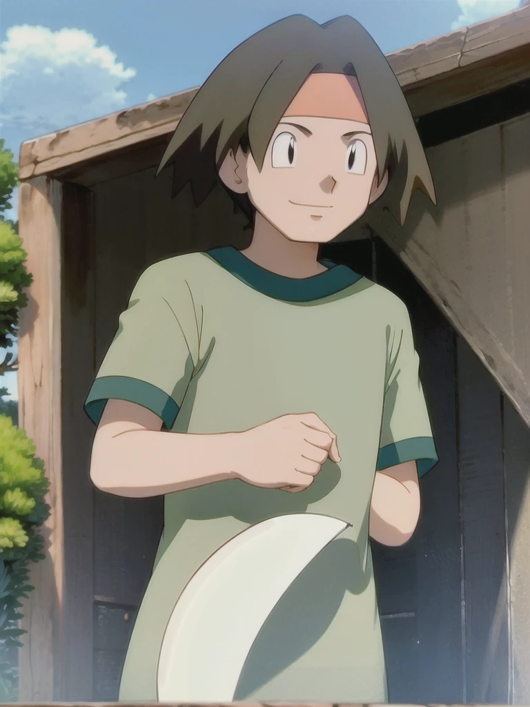 Tracey, solo, smile, shirt, 1boy, closed mouth, upper body, male focus, outdoors, sky, cloud, black eyes, green shirt, anime coloring
