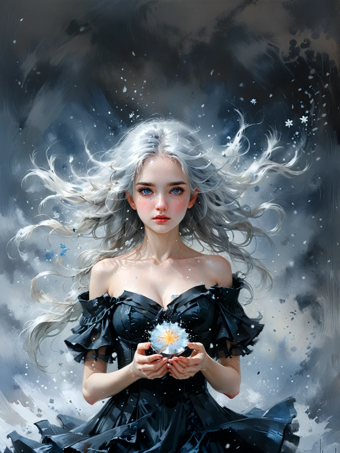 Girl portrait, a painting of a young woman with wild, silver-white hair that is being ruffled by the wind. The hair reaches to her breasts. She is wearing a simple black dress that is blowing in the winds. The woman's eyes are also silvery and her skin is pale sickly blue. Her face has freckles in the shape of little blue snowflakes. She has several small cuts along her face and any skin that is showing. She is in frontal view, and holding a compact powder in both hands. With a blizzard coming out of the compact powder. Art by Albert Eckhout enchanting, full color. highly detailed beautiful face, , soul, digital illustration, approaching perfection, dynamic, highly detailed, watercolor painting, artstation, concept art, smooth, sharp focus, illustration in the style of artists like Russ Mills, Sakimichan, Wlop, Lois, Art Germ, Darek Zabrocki, and Jean-Baptiste Monge, ultra HD masterpiece, award winning work