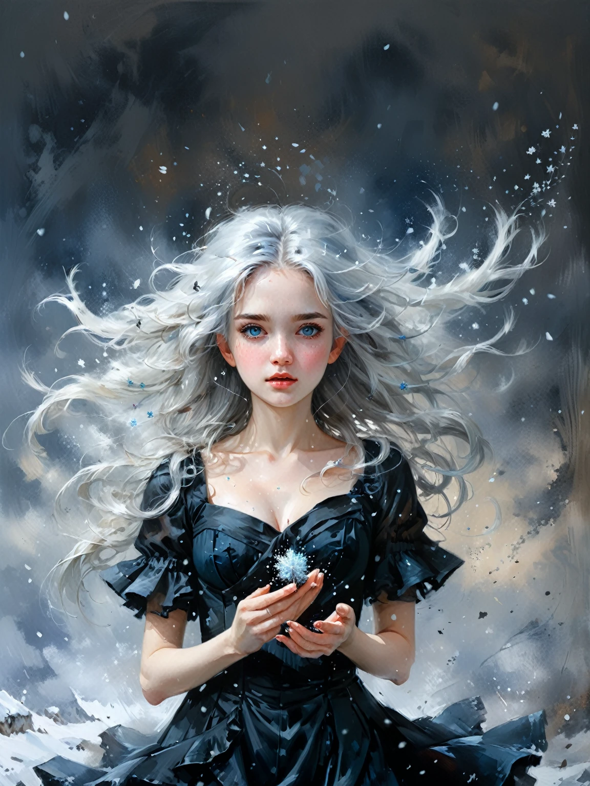 Girl portrait, a painting of a young woman with wild, silver-white hair that is being ruffled by the wind. The hair reaches to her breasts. She is wearing a simple black dress that is blowing in the winds. The woman's eyes are also silvery and her skin is pale sickly blue. Her face has freckles in the shape of little blue snowflakes. She has several small cuts along her face and any skin that is showing. She is in frontal view, and holding a compact powder in both hands. With a blizzard coming out of the compact powder. Art by Albert Eckhout enchanting, full color. highly detailed beautiful face, , soul, digital illustration, approaching perfection, dynamic, highly detailed, watercolor painting, artstation, concept art, smooth, sharp focus, illustration in the style of artists like Russ Mills, Sakimichan, Wlop, Lois, Art Germ, Darek Zabrocki, and Jean-Baptiste Monge, ultra HD masterpiece, award winning work