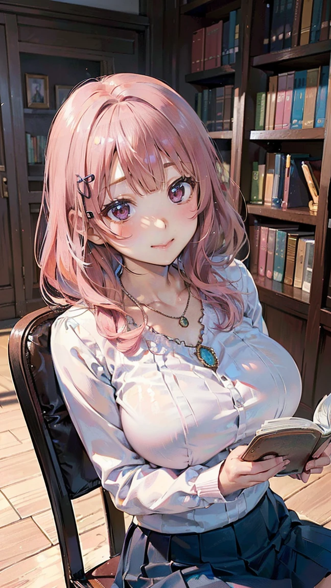 (Masterpiece, BestQuality:1.3), (ultra detailed:1.2), (hyperrealistic:1.3), (RAW photo:1.2), High detail RAW color photo, professional photograph, (Photorealistic:1.4), (realistic:1.4), (Pink Hair:1.5), professional lighting, perfect anatomy, (Big Breasts:1.2), (blush, detailed face), (A happy smile:1.7), sexly, erotic sexly, Random sexy gravure poses, (White blouse with blue pleated skirt、Black Loafers、Sexy pose while reading a book while sitting in a chair in a library。I see a little necklace。:1.3)