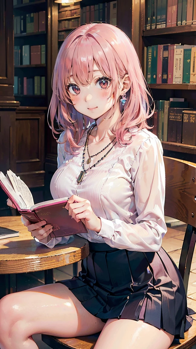 (Masterpiece, BestQuality:1.3), (ultra detailed:1.2), (hyperrealistic:1.3), (RAW photo:1.2), High detail RAW color photo, professional photograph, (Photorealistic:1.4), (realistic:1.4), (Pink Hair:1.5), professional lighting, perfect anatomy, (Big Breasts:1.2), (blush, detailed face), (A happy smile:1.7), sexly, erotic sexly, Random sexy gravure poses, (White blouse with blue pleated skirt、Black Loafers、Sexy pose while reading a book while sitting in a chair in a library。I see a little necklace。:1.3)