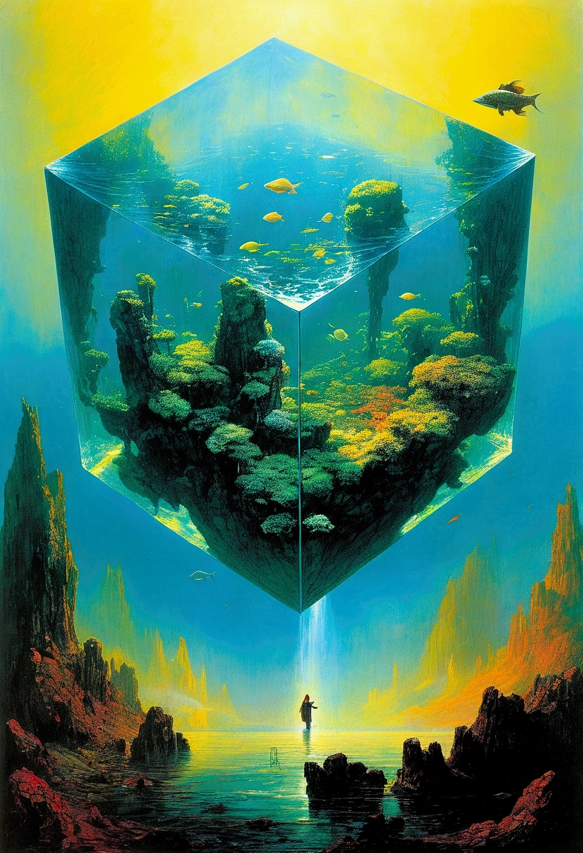 Giant transparent cube aquarium,Old sci-fi posters, author:Zsław Beksinski 和 Jean.Gillot