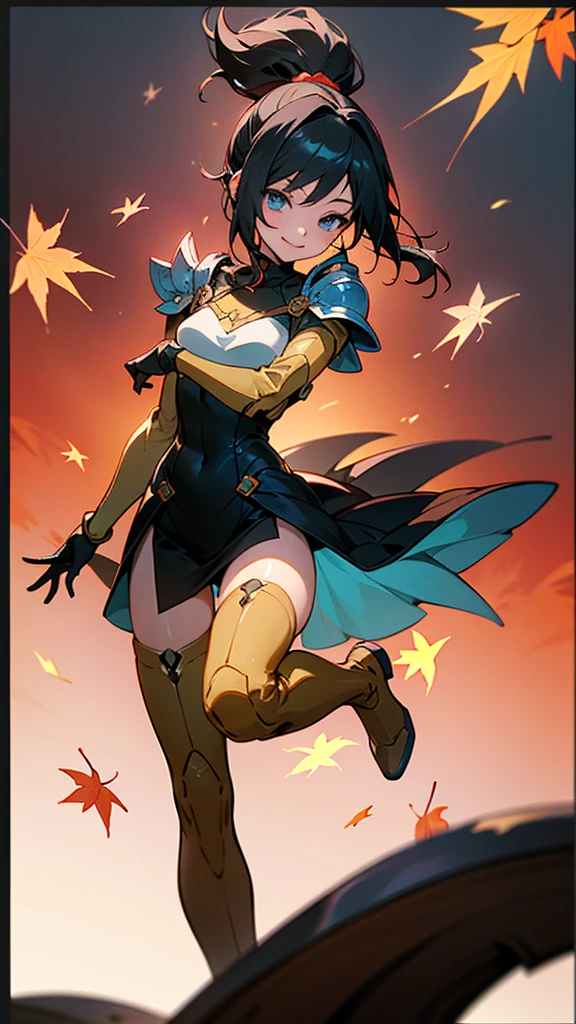 One girl、alone、Anime-style paintings、Sparkling Blue Eyes、Black Hair、ponytail、armor、Bodysuits、boots、Fits perfectly to the skin、skirt、thigh boots、Knee socks、Wicked Smile、Perfect lighting、Autumnal leaves々、Momiji Park、Background Blur, Written boundary depth