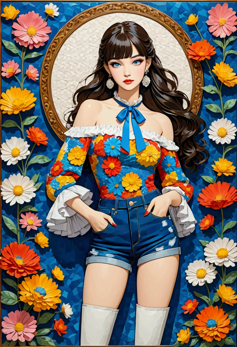 Featuring a dynamic and confident woman,She wears bold makeup,Wear colorful T-shirts, Bare shoulders, Leopard_Ruffled sleeves, neck ribbon,珠宝earrings, Long hair, Looking at the audience, Bangs, earrings, Low rise denim shorts, Over the knee boots,Surrounded by vintage flower motifs, Vibrant brushstrokes,Pop Art, (Quilted Paper Art), The Art of Mathematics, White ceramic and blue transparent glass background, (Clear lines, HD,best quality, masterpiece, 4K ),