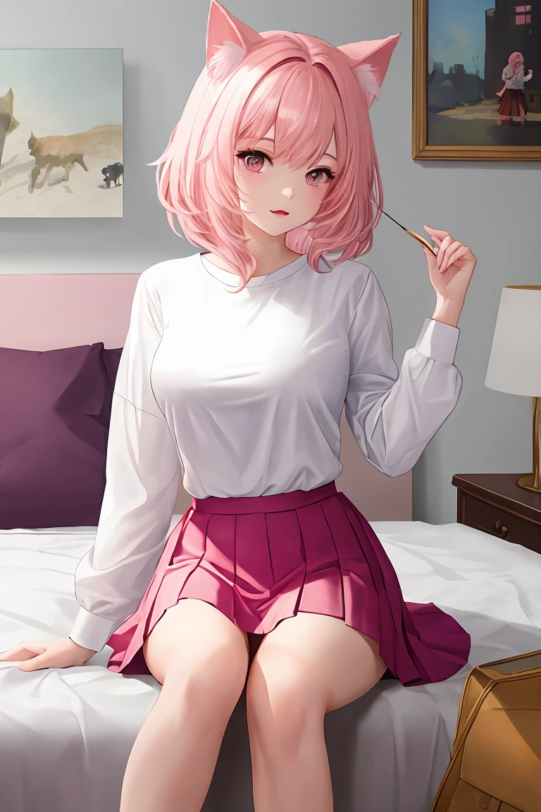 (score_9,score_8_up,score_7_up,score_6_up,score_5_up,score_4_up),masterpiece, top quality, best quality, official art, beautiful and aesthetic, animation, , 1girl with cat ear, perfect figure, pink hair, complicated details, bedroom, sitting on the bed, white shirt, pink pleated skirt ,