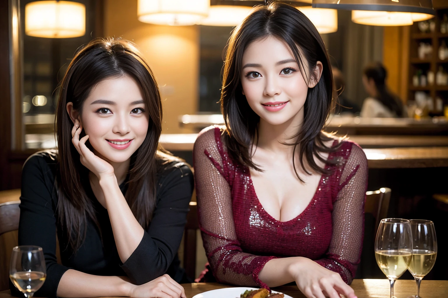 ((Highest quality、8k、masterpiece:1.3))、Shortcuts、cute、slimカップル、modelカップル、actress男優、(Realistic, Intricate details:1.2), full-course dinner、Wine Party、Amazing view of the sunset sky and clouds、A bright smile、short hair,Bright Face、 (Age 45), 42 years old, red wine 、Appetizers、Italian food、Wine bottle、Champagne、sparkling wine、Two beauties、Brown Hair、Shortcuts、Long sleeve shirt、dress、Beautiful woman 1, (slimな顔), (The body is slim), (Brown Hair), (Shortcuts), cheeks turn a little red,Attractive beauty、restaurant, In a prominent place (From the waist up) Nova Frog Style, actress, model, Upper Body, White wine, slim, wine glass, 中央に置かれたwine glass, smile, (smile: 1.15), Beautiful fine grain, Depth f/2,saturation, High Contrast, Strong light and shadow,Moist Body:1.5、3D texture、Delicate eyes、Brown Hair、The hair is very shiny、