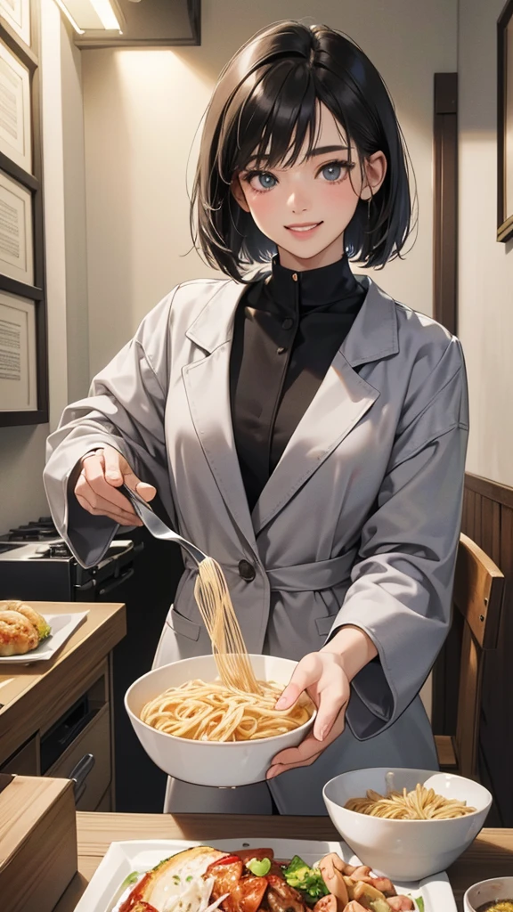 (perfect anatomy:1.2)(absurdres, highres, ultra detailed),masterpiece,best quality,high resolution,8k,Realistic face,Realistic skin texture,magnified textures, stunning clarity,detailed anime girl,(ultra detailed eyes and face),(1 girl:1.2)21years old,she is office worker,lunch time,Italian restaurant in a Japanese district,smile,grin:1.2,black hair, bob cut,natural make,grey jacket and pants,white brouse,light look at winfows,sparkling eyes.small nose,roundface,She looks happy,upper body,Italian restaurant Eating pasta happily