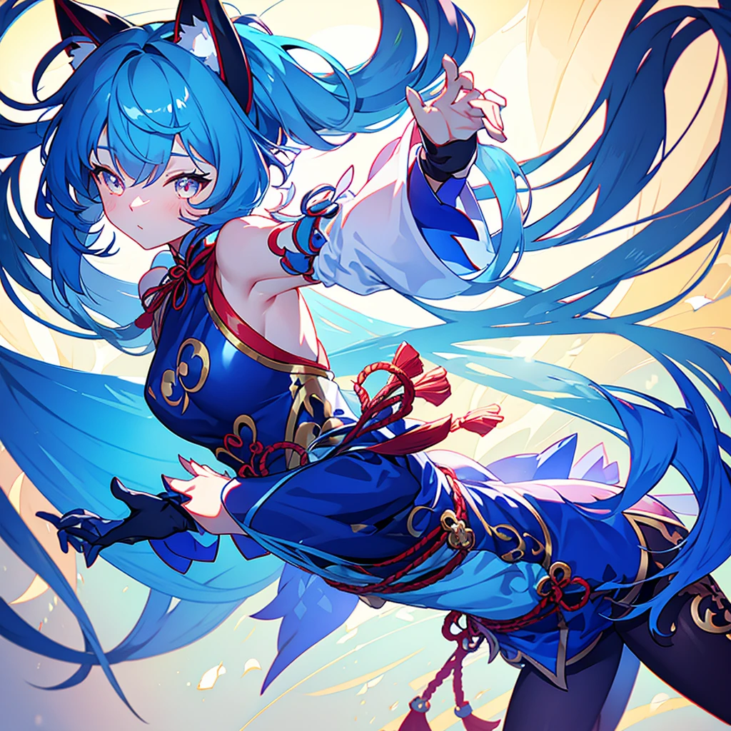 Chinese costume cute cat ears girl cat tail double ponytail blue hair