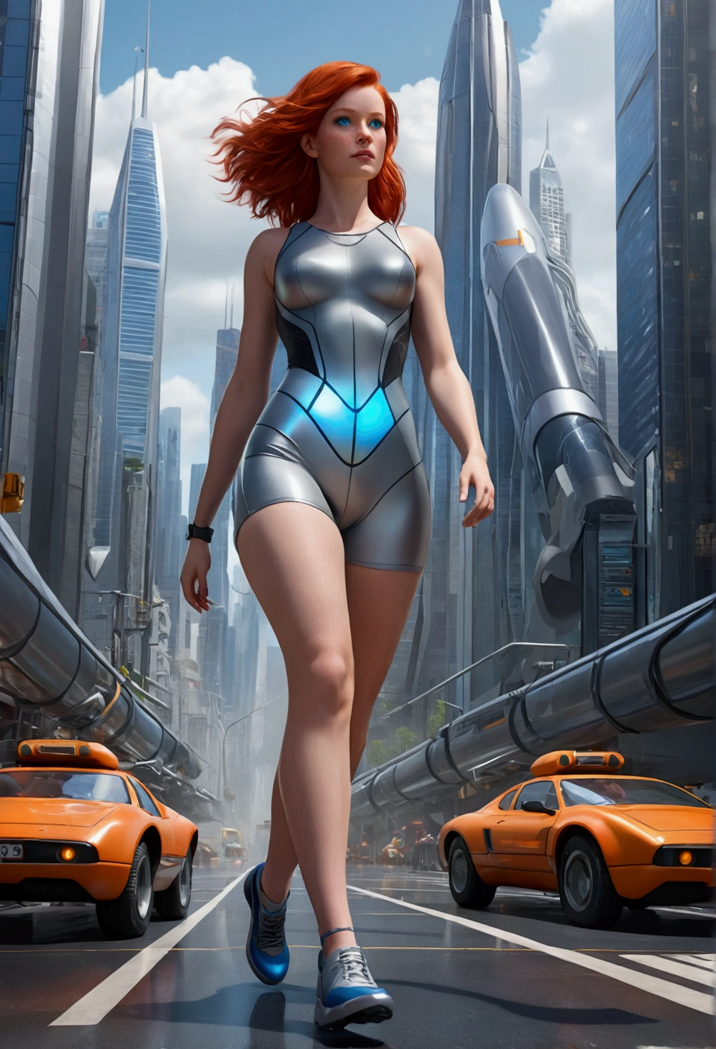 The woman, with realistic 3D character features, red hair, blue eyes, and thick thighs, strolls through a futuristic cityscape in  gray lycra shorts, surrounded by towering holographic skyscrapers and bustling hovercrafts.