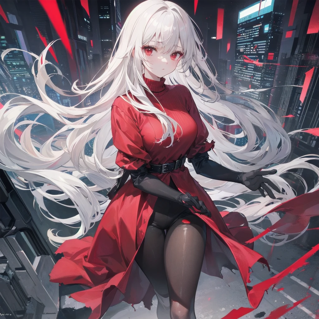 A once-in-a-millennium masterpiece, A photo that can never be taken again, Absurd high resolution, (Expressionless), (Red tears flow from the eyes:1.2), vampire, woman, Silver Hair, Red eyes, Big eyes that draw you in, White clothes, Red dyed clothes,There are red spots all over, Red from the mouth,Cowboy Shot、From above、Tabletop、Red sweater，（ change）Moderate, Separate Color，bs shoulder, Blushed，(Gray Hair), White Gloves，White boots，dirty，Torn clothes，Clothing that shows blood:1.3),, Tearing the cloak, tear pantyhose ，Cyberpunk Streetwear，in contrast，Cyberpunk Character Fashion,Wear high fashion clothes, , Bring your poster to life、impressive，Full Wear, Stylish,